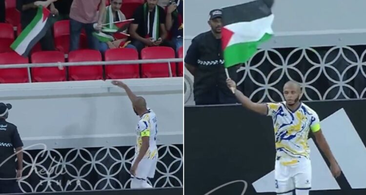 Brahimi anotó un gol en Qatar y celebró ondeando bandera de Palestina que pidió a un hincha